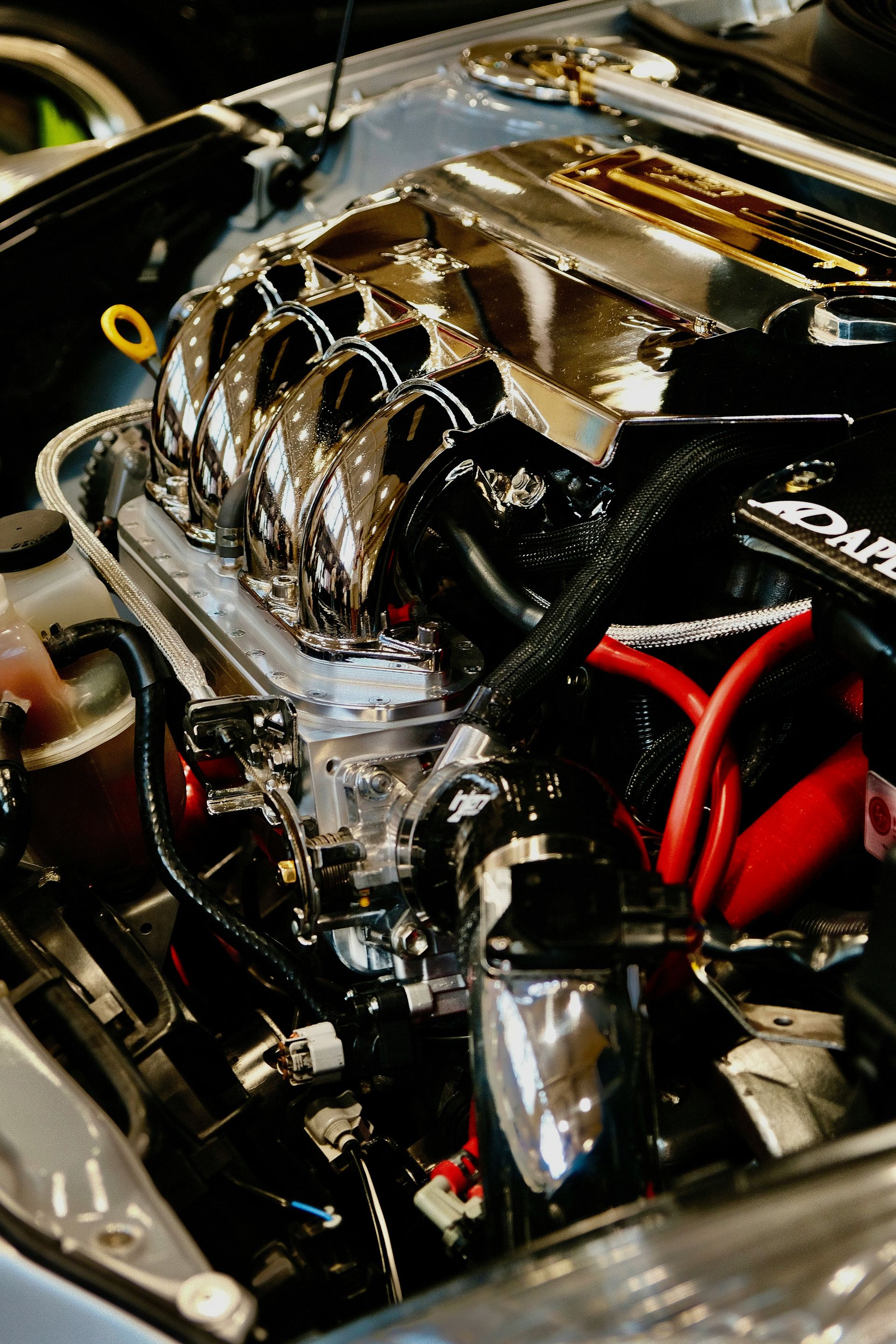 A close up of an engine in a car